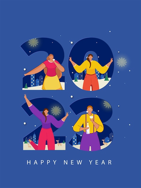 Vector 2023 number with faceless people enjoying on blue background for happy new year concept