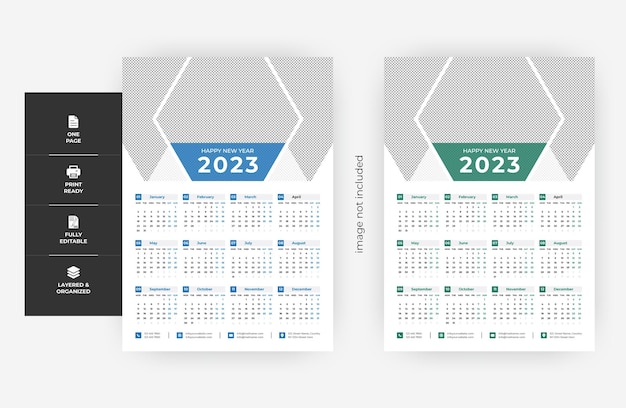 2023 1 ページ 2 色ウォール カレンダー デザイン、ビジネス コーポレート カラー 2023