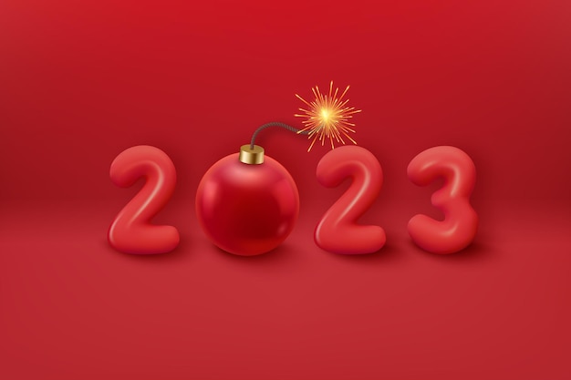 2023 numeri realistici e bomba a sfera di natale palloncini concetto di crisi biglietto d'auguri per il nuovo anno 2023