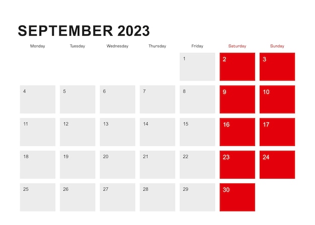 2023 September planner kalender ontwerp Week begint vanaf maandag