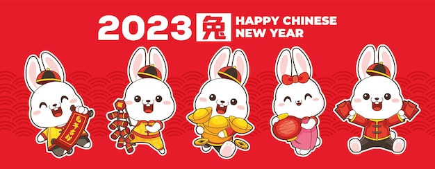 2023 set di coniglio carino per il capodanno cinese nella posa dei desideri.