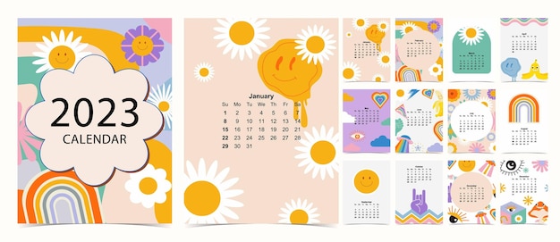 Vector 2023 table calendar week start on sunday with groovy and flower that use for vertical digital and printable a4 a5 size