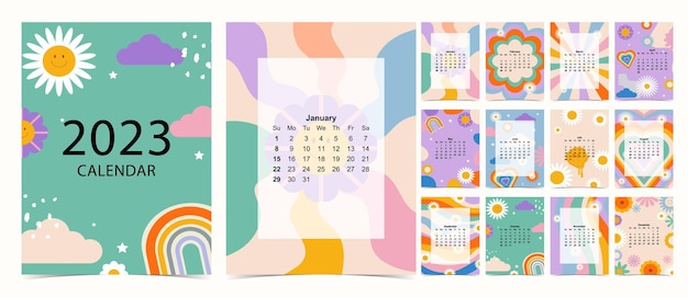 2023 table calendar week start on sunday with groovy and flower that use for vertical digital and printable a4 a5 size