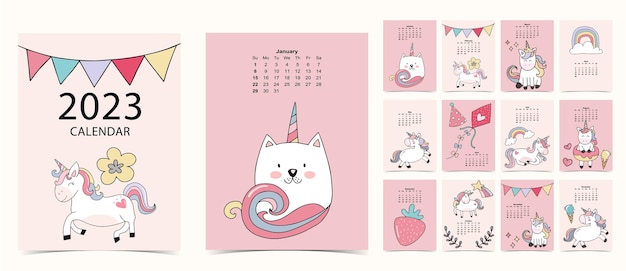 Vector 2023 table calendar week start on sunday with unicorn and flower that use for vertical digital and printable a4 a5 size