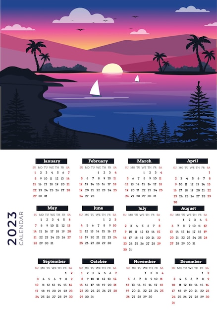 Calendario da tavolo e da tavolo 2023 con bellissimo paesaggio al tramonto che utilizza per il digitale e stampabile.