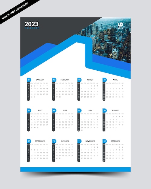 2023 wall calendar design template with blue shape