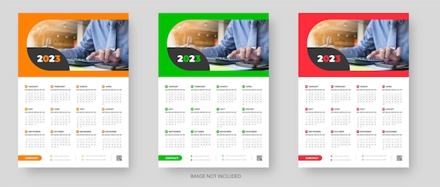 2023 wall calendar design template  with red green and orange color