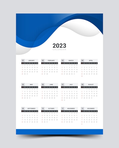 Modello di progettazione del calendario da parete 2023 con forma d'onda