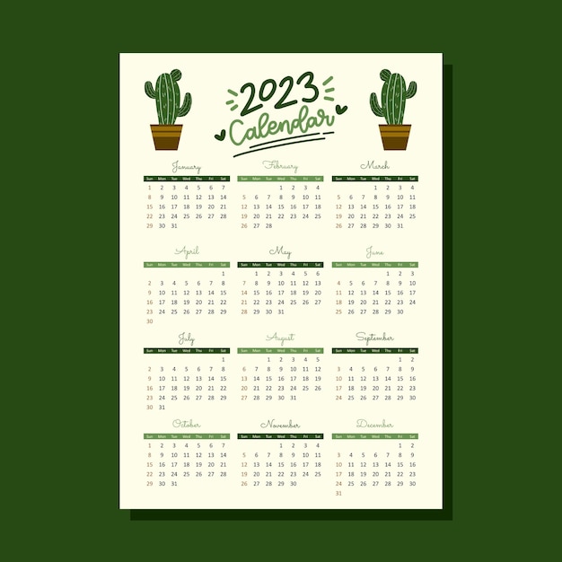 Vector 2023 wandkalender met schattige cactusplant in pot