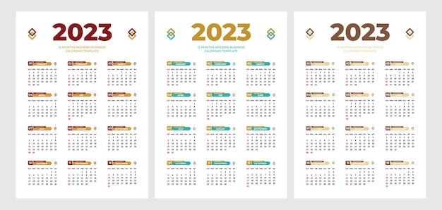 2023 Wandkalender ontwerpsjabloon 12 maanden in kalender van één pagina met 3 kleurvariaties