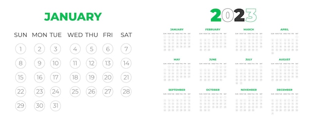 2023 wandkalender ontwerpsjabloon met groene kleur