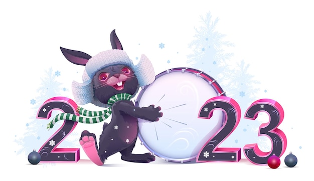 Vector 2023 year of black rabbit christmas greeting card cute hare in hat beats drum