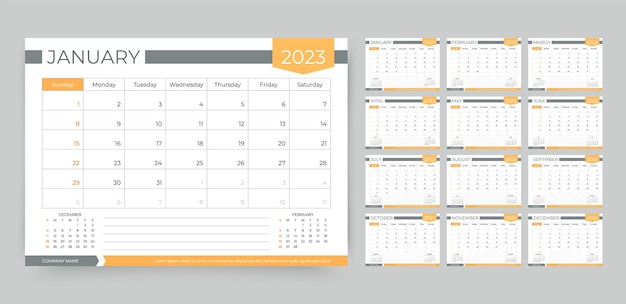 Calendario di 2023 anni modello di pianificatore di calendario illustrazione vettoriale griglia di pianificazione della scrivania