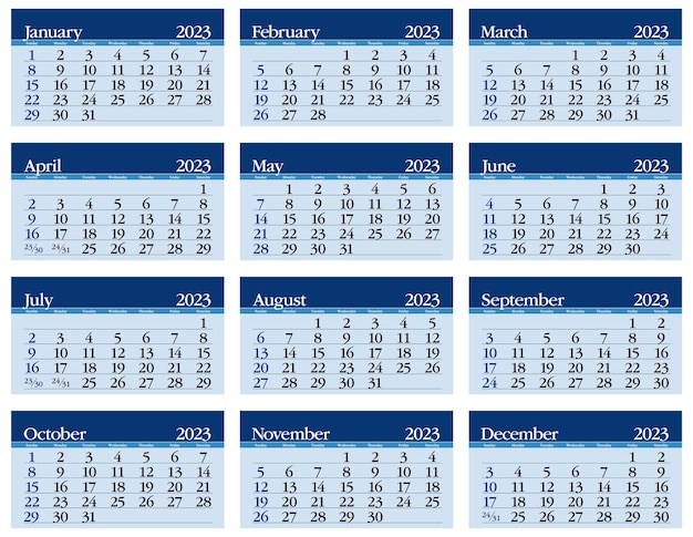 Vettore calendario anno 2023. settimana inizio domenica. calendario mensile aziendale e aziendale.