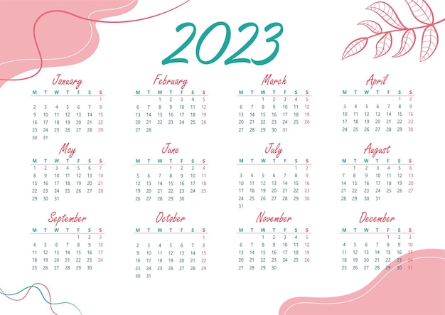 Vettore calendario anno 2023, settimana inizia lunedì