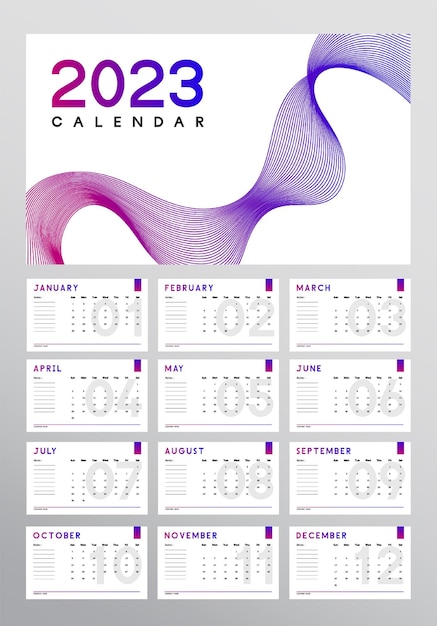 Vettore calendario anno 2023 con design futuristico. sfondo bianco e decorazione sfumata viola e blu