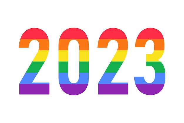 Логотип 2023 года в цветах радужного флага ЛГБТК, выделенный на белом Векторный символ месяца гей-прайда ЛГБТК