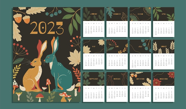 Calendario mensile di 2023 anni con illustrazione vettoriale di sfondo astratto