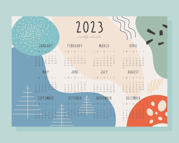 Calendario mensile di 2023 anni con illustrazione vettoriale di sfondo astratto