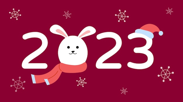 2023 Year of rabbit New Year banner with cute cartoon hare ih scarf Vector illustration Numbers 2023 with adorable bunny face on red background