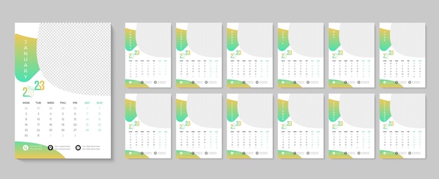 2023년 월간 인쇄용 달력 템플릿이 있는 벽 달력 디자인