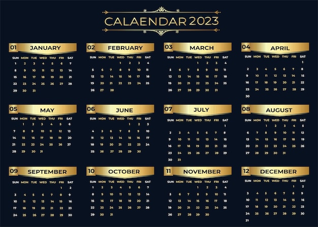 2023 yearly calendar in Golden Color, isolated on a dark background.