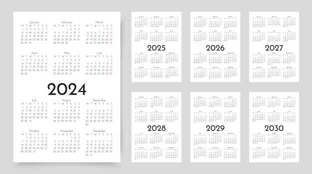 Vector 2024 2025 2026 2027 2028 2029 20230 years calendar pocket or wall calendars calender layouts