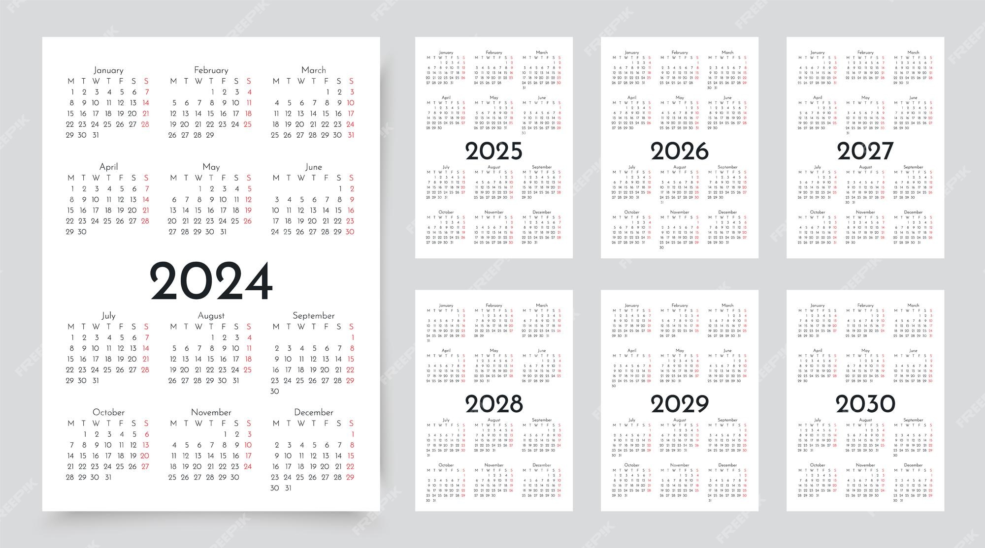 Premium Vector 2024 2025 2026 2027 2028 2029 20230 years calendar Premium Vector 2024 2025 2026 2027 2028 2029 20230 years calendar