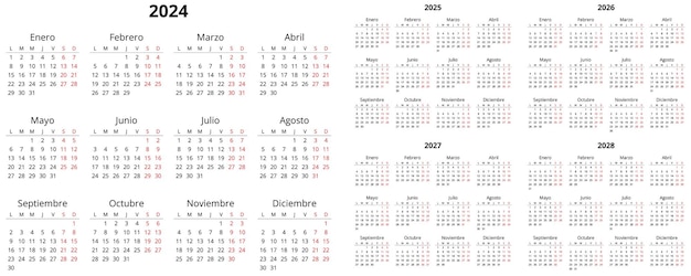 2024, 2026, 2027, 2028 Вертикальные испанские календари Печатные векторные иллюстрации для Испании