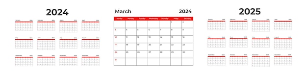 Vector 2024 2025 year calendar desk planner template with 12 months week starts sunday business schedule month date