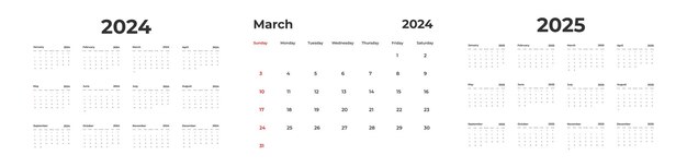 벡터 2024 년 달력 12 개월의 책상 계획자 템플릿 일주일 시작 일요일 비즈니스 스케줄 달 날짜