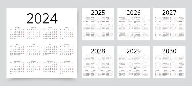 Vector 2024 2026 2027 2028 2029 2030 kalenders kalender sjablonen week begint maandag