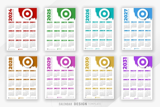 Vettore progettazione del calendario dal 2024 al 2031 per un modello di pacchetto di pianificatori per un felice nuovo anno