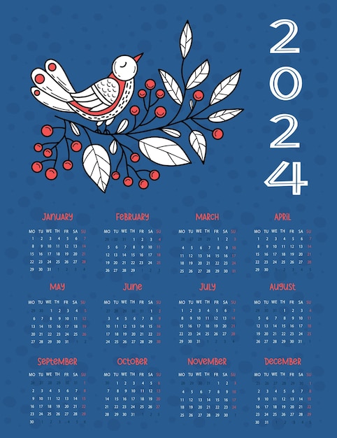 2024 年間カレンダー青い背景に赤い果実を持つ枝に民俗鳥英語週月曜日