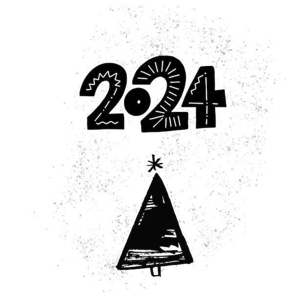 Vector 2024 big number of new year ink painted christmas tree isolated on white background with grunge texture handmade greeting card design