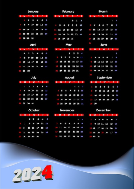 Calendario 2024 illustrazione a colori 3d