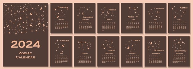 2024 calendar Calendar concept design with constellation of the zodiac