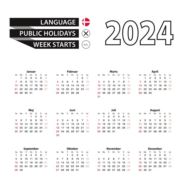 Premium Vector 2024 calendar in danish language week starts from sunday
