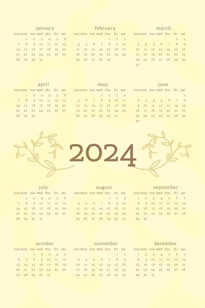 2024 calendar in delicate natural trendy style decorated with botanical floral hand drawn branch leaves vertical format light pastel green color week starts on Sunday