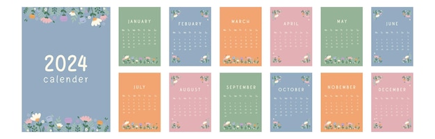 ベクトル 2024年カレンダーのデザインテンプレート パステル色の可愛い花が描かれた可愛い手描きの毎月のカレンダー