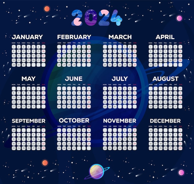 Modelli di design del calendario 2024 con background scientifico