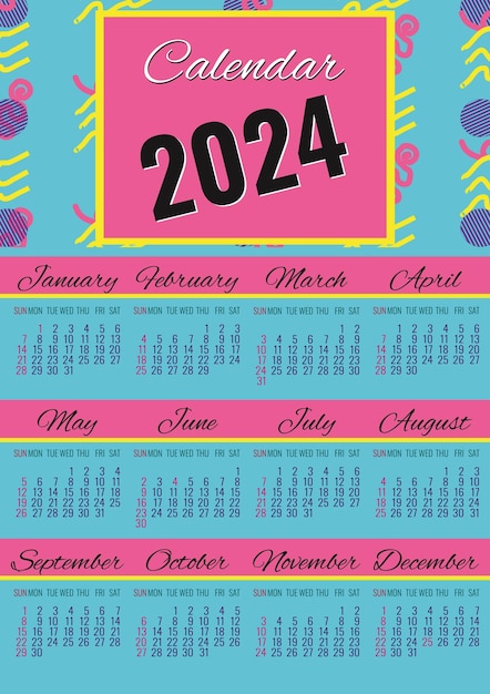 Vettore calendario 2024 felice anno nuovo formato verticale blu viola rosa colori vivaci alla moda stile anni '90 modello di layout design poster banner illustrazione vettoriale