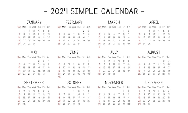 2024 calendar simple style vector illustration. Monthly calendar design for 2024. Week starts Sunday