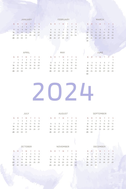 Vettore modello di calendario 2024 su sfondo disegnato a mano viola lilla con pennellate ad acquerello progettazione del calendario per la stampa e la settimana digitale inizia domenica