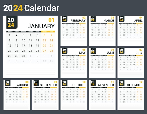 2024 Calendar template planner 12 pages week starts on Monday vector eps10 illustration