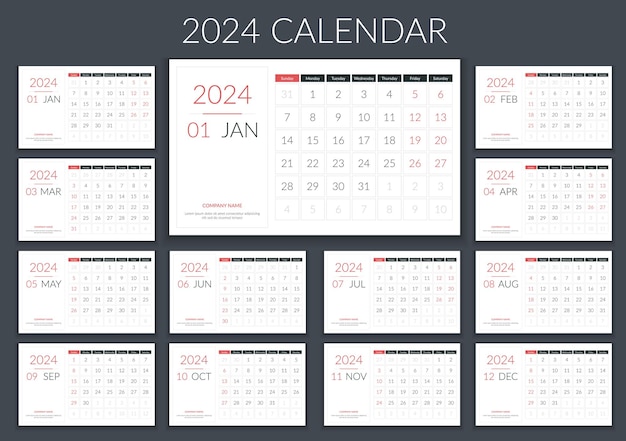 Планировщик шаблонов календаря на 2024 год. 12 страниц. Неделя начинается в воскресенье, векторная иллюстрация eps10.
