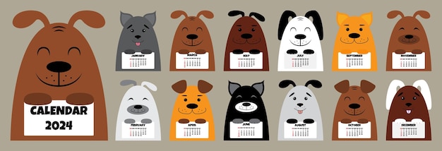 Календарь на 2024 год с милыми каракулями-собаками Календарь на 2024 год А4, начало недели в воскресенье Каракули-собаки Векторная иллюстрация