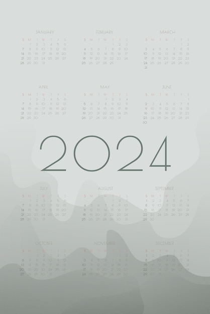 2024 calendar with fog gray gradient fluid wave