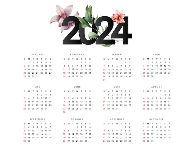 Vector 2024 calendar with simple colorful flowers