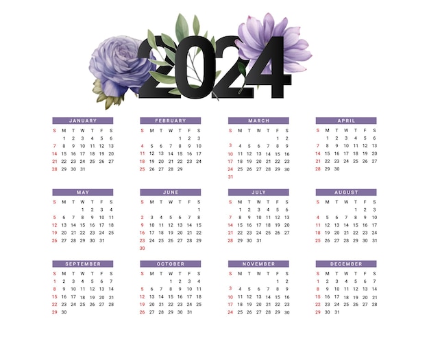 Vector 2024 calendar with simple colorful flowers